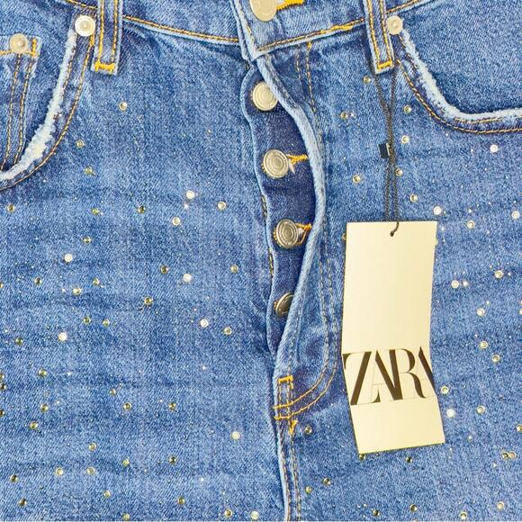 Zara The High Rise Cropped Jeans Size 6 Blue Embellishment Button Fly Straight - Picture 3 of 6